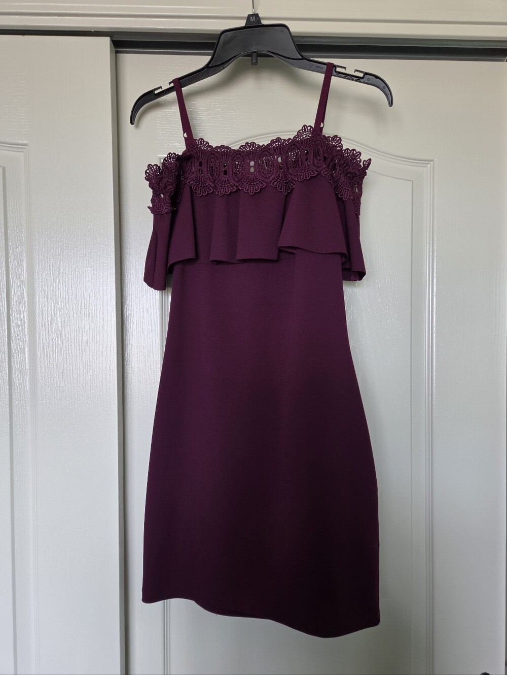I.N. San Fransisco Off-Shoulder Lace Trim Sheath Dress in Plum